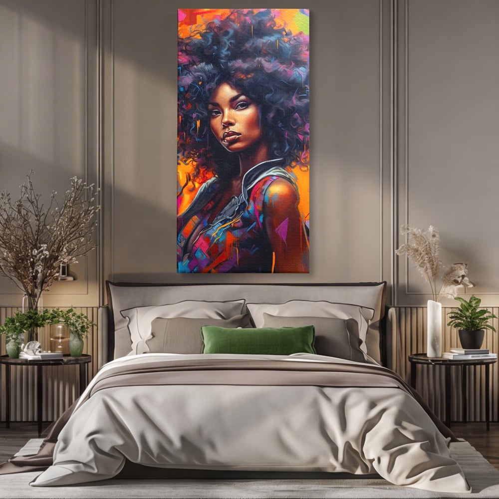 Tablou canvas cu tablou canvas cu portret urban afro, fara rama, pe sasiu de lemn, pe perete intr-un dormitor